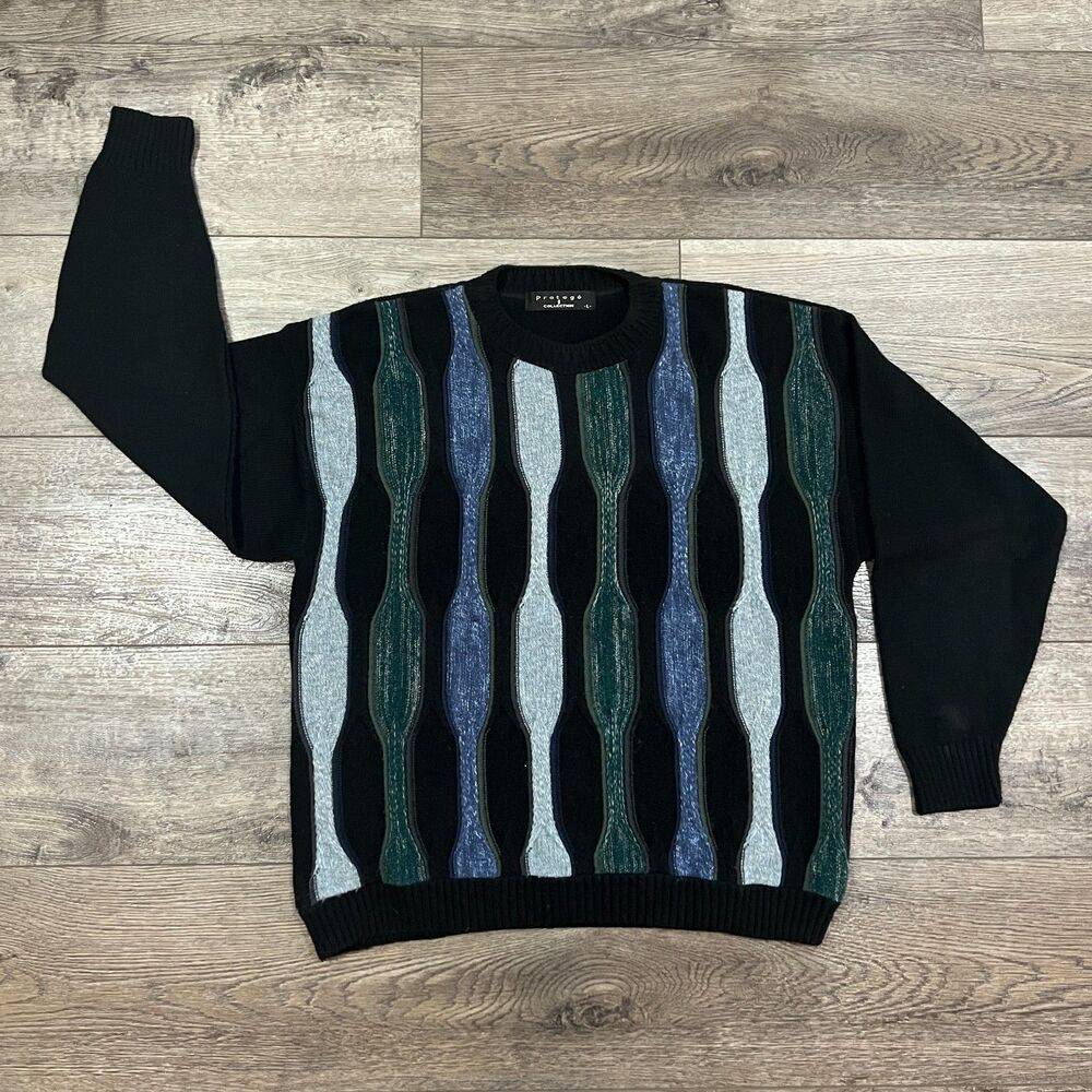 Vintage 90s Protege Coogi-Style Black Blue Green 3D Sweater Made in USA Large